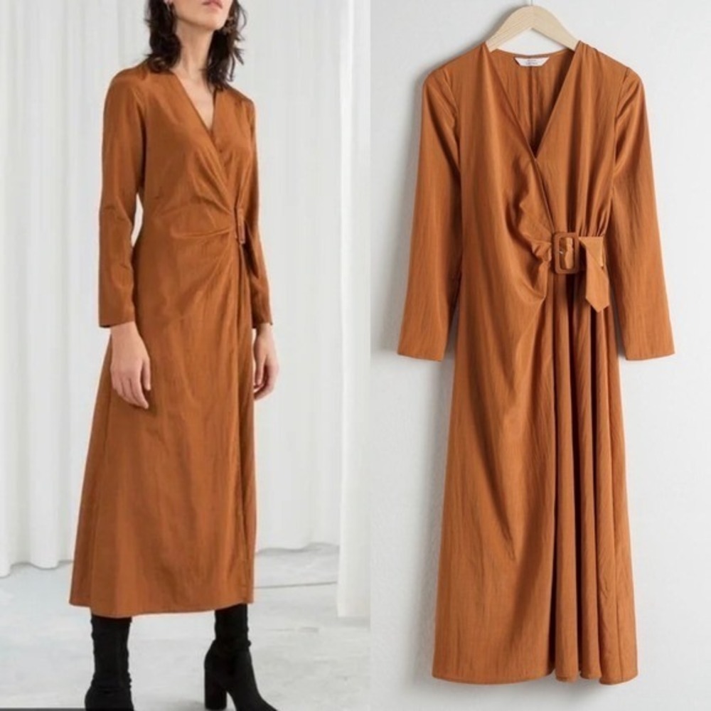 &‎ OTHER STORIES Rust Burnt Orange Belted Midi Long Sleeve Wrap Dress - 10